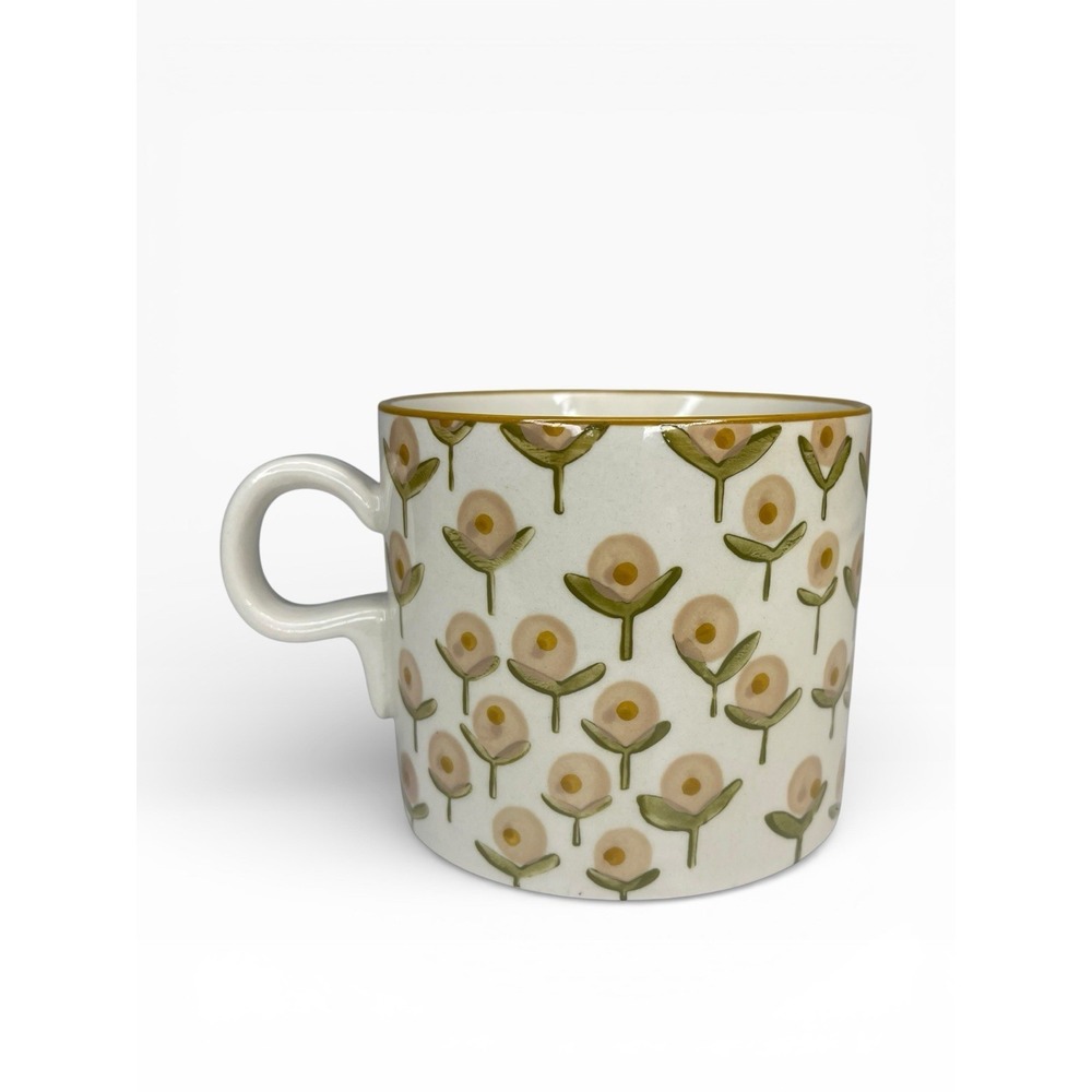 Sarah Golden Hand Stamped Floral Large Coffee‎ Mug Flowers EUC Yellow Green Boho